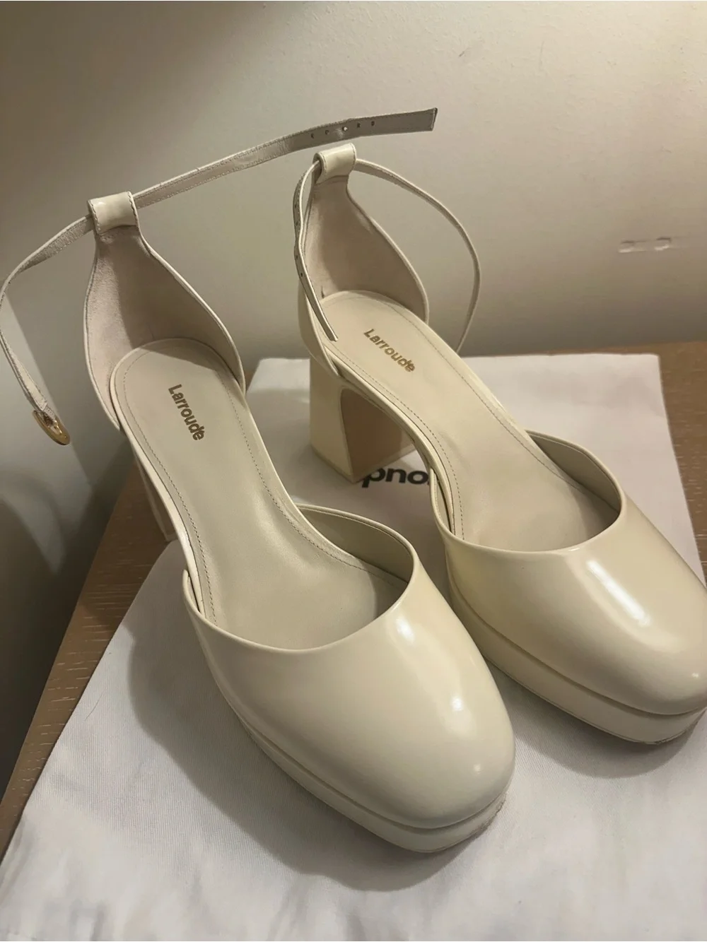 Larroude Cream Ankle-Strap Platform Block Heels